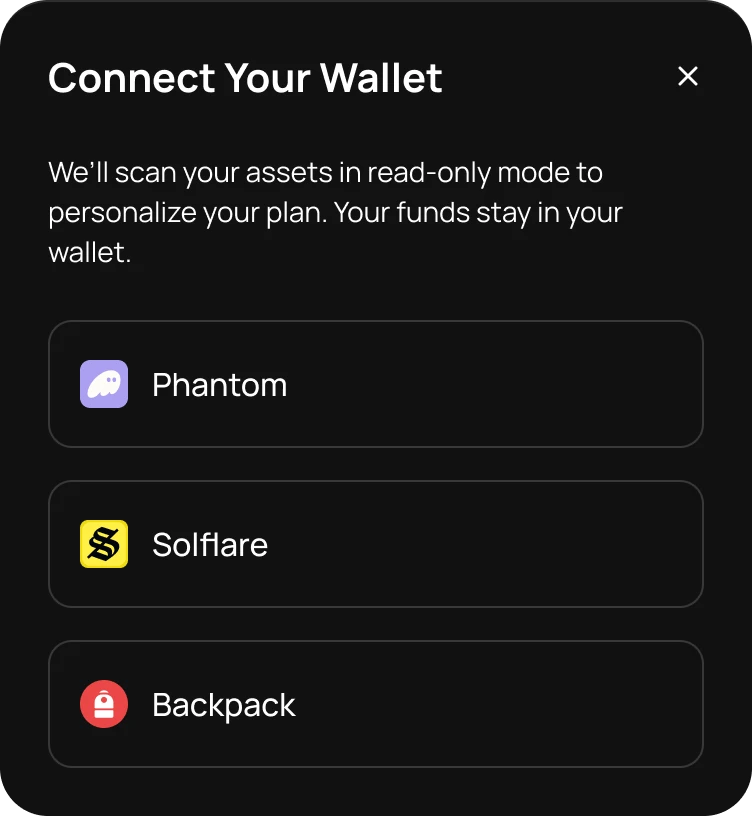 A dark-themed 'Connect Your Wallet' modal. The header text explains that assets are scanned in read-only mode and that funds stay in the user's wallet. Below this message are three large connection buttons for the Solana-based wallets Phantom, Solflare, and Backpack, each accompanied by its respective icon.