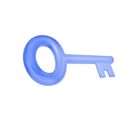 A horizontal, three-dimensional light blue key icon with a rounded head and simple teeth, tilted slightly toward the viewer. This icon represents WealthSmith’s core principle of non-custodial security and user self-custody.